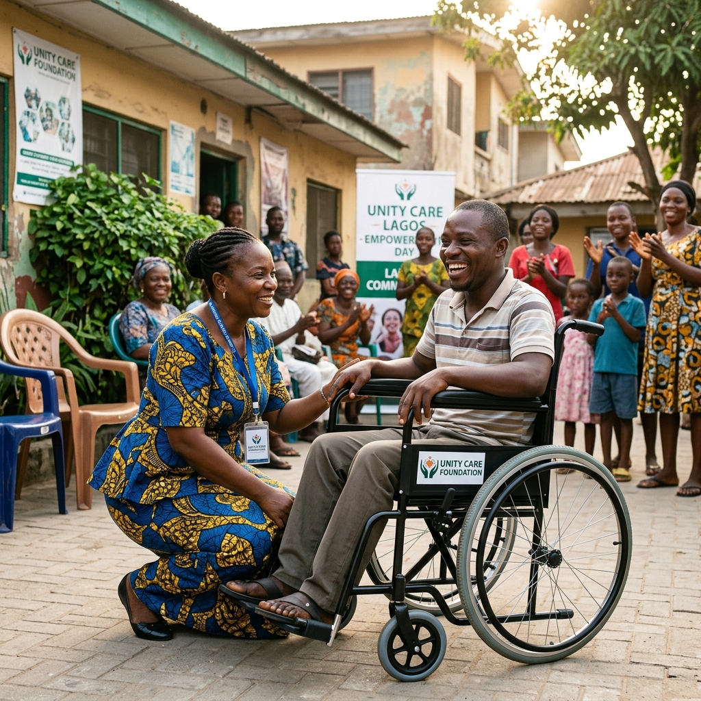 Nigerian foundation coordinator handing over wheelchair to beneficiary in community hall